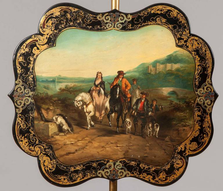 Pair of English Decorative Pole Screens with Scenes of Landscapes In Good Condition For Sale In London, GB