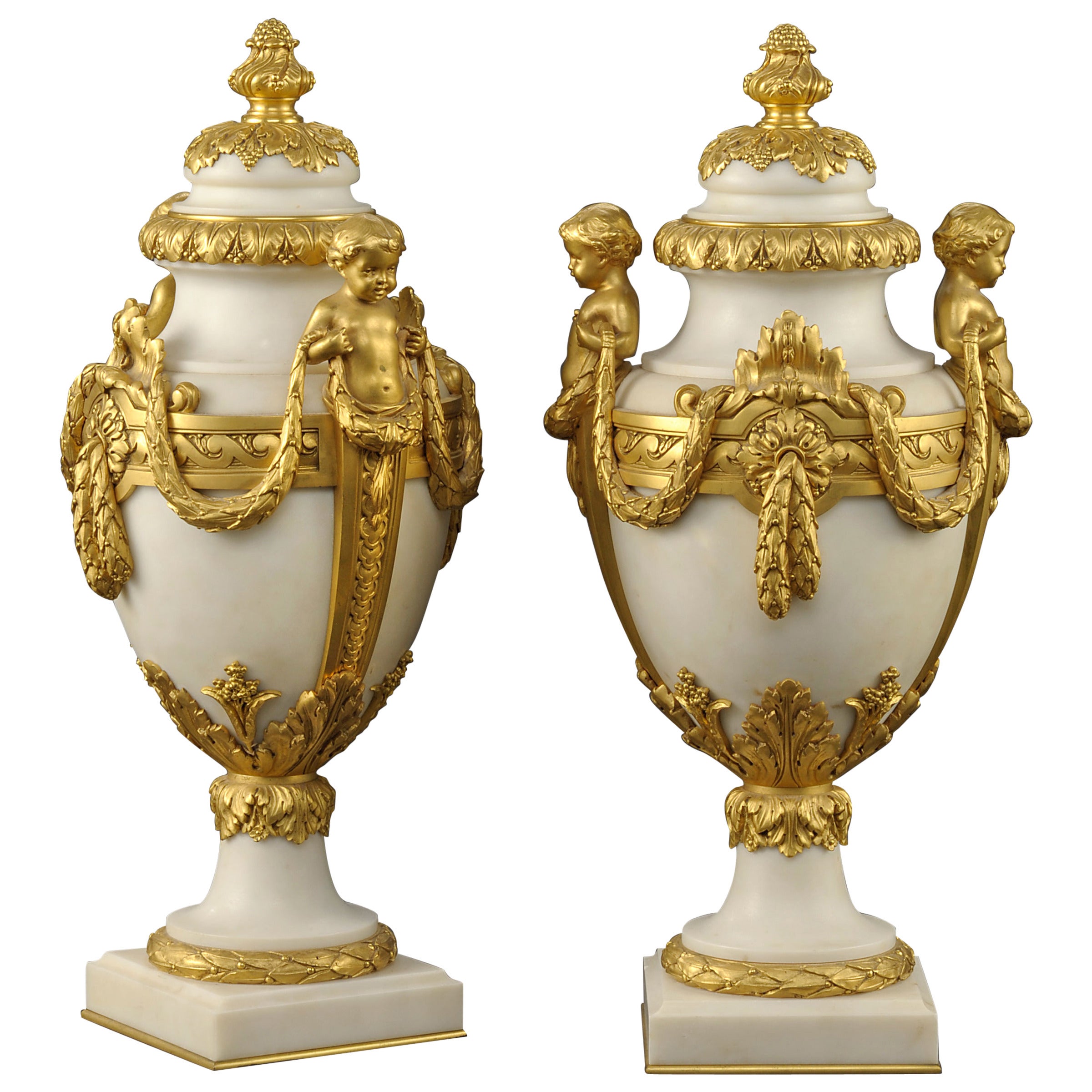 Pair of French Urns of Carrara Marble and Ormolu in the Louis XVI Manner