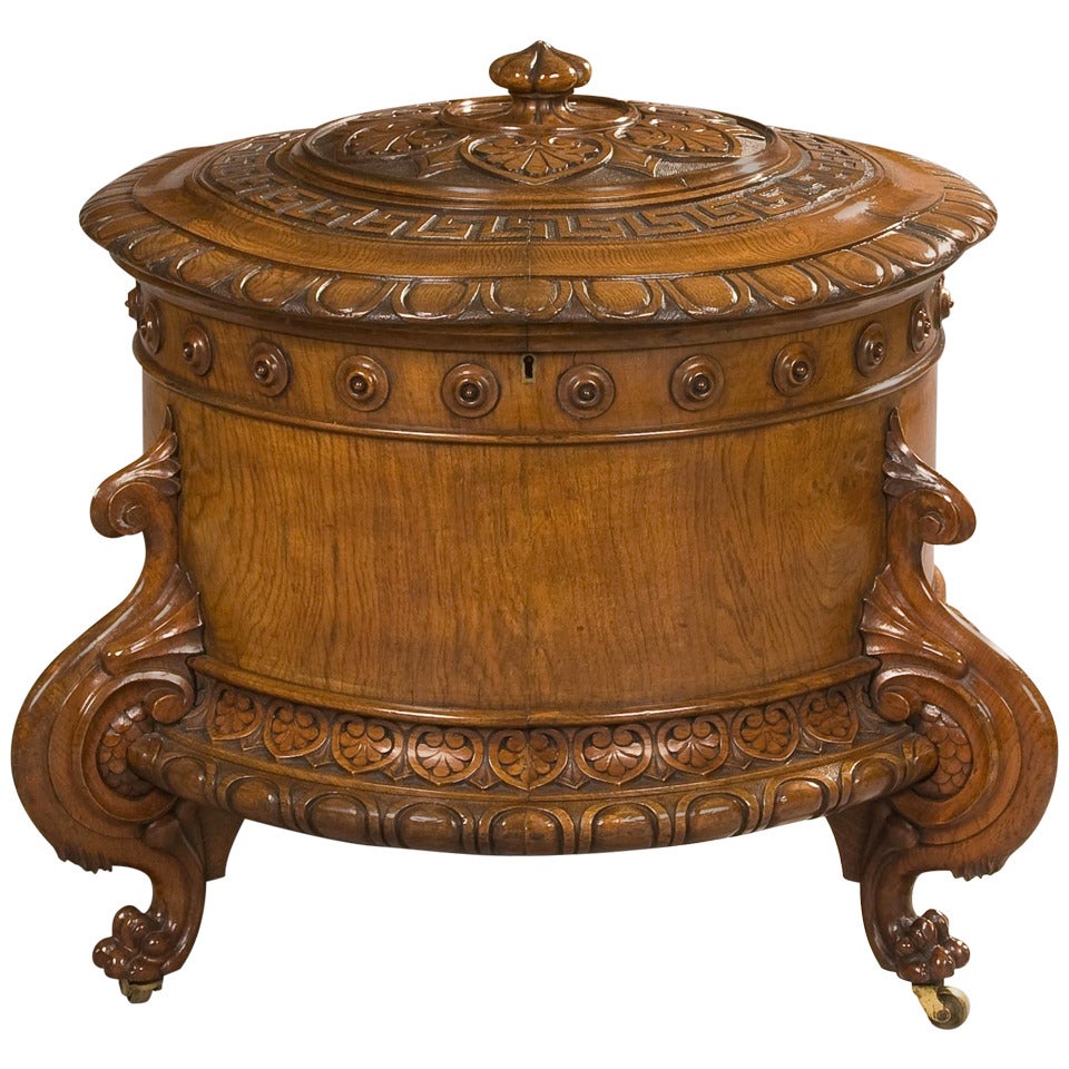 English 19th Century Carved Oak Wine Cooler in the Graeco-Roman Style