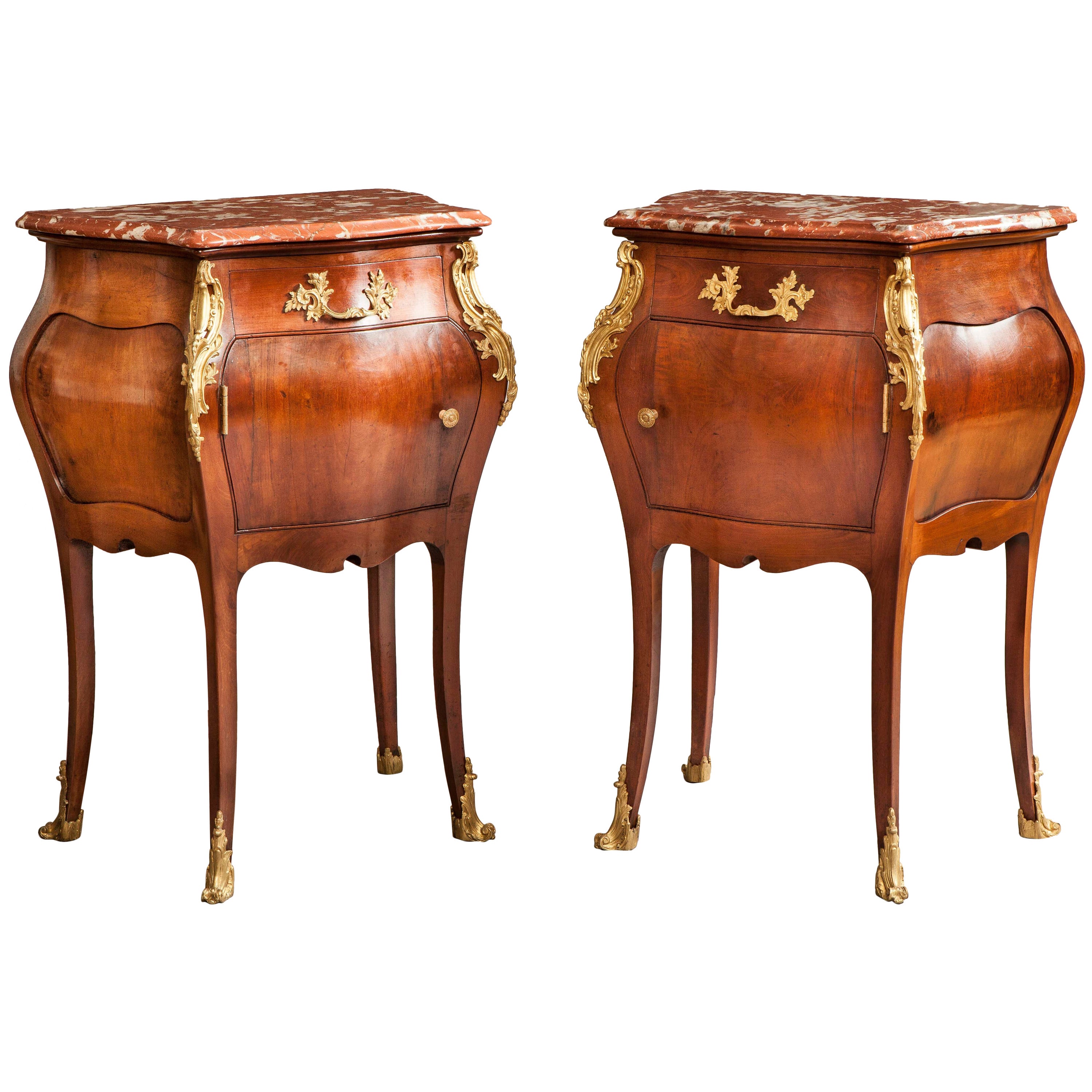 Pair of French Mahogany, Gilt and Marble Topped Side Cabinets, 19th Century For Sale
