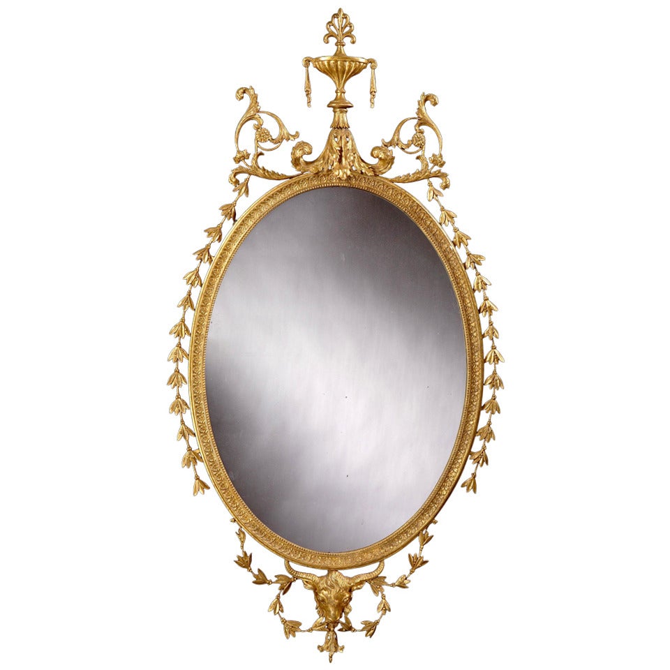 19th Century, English Giltwood Oval Mirror in the Neoclassical Style For Sale