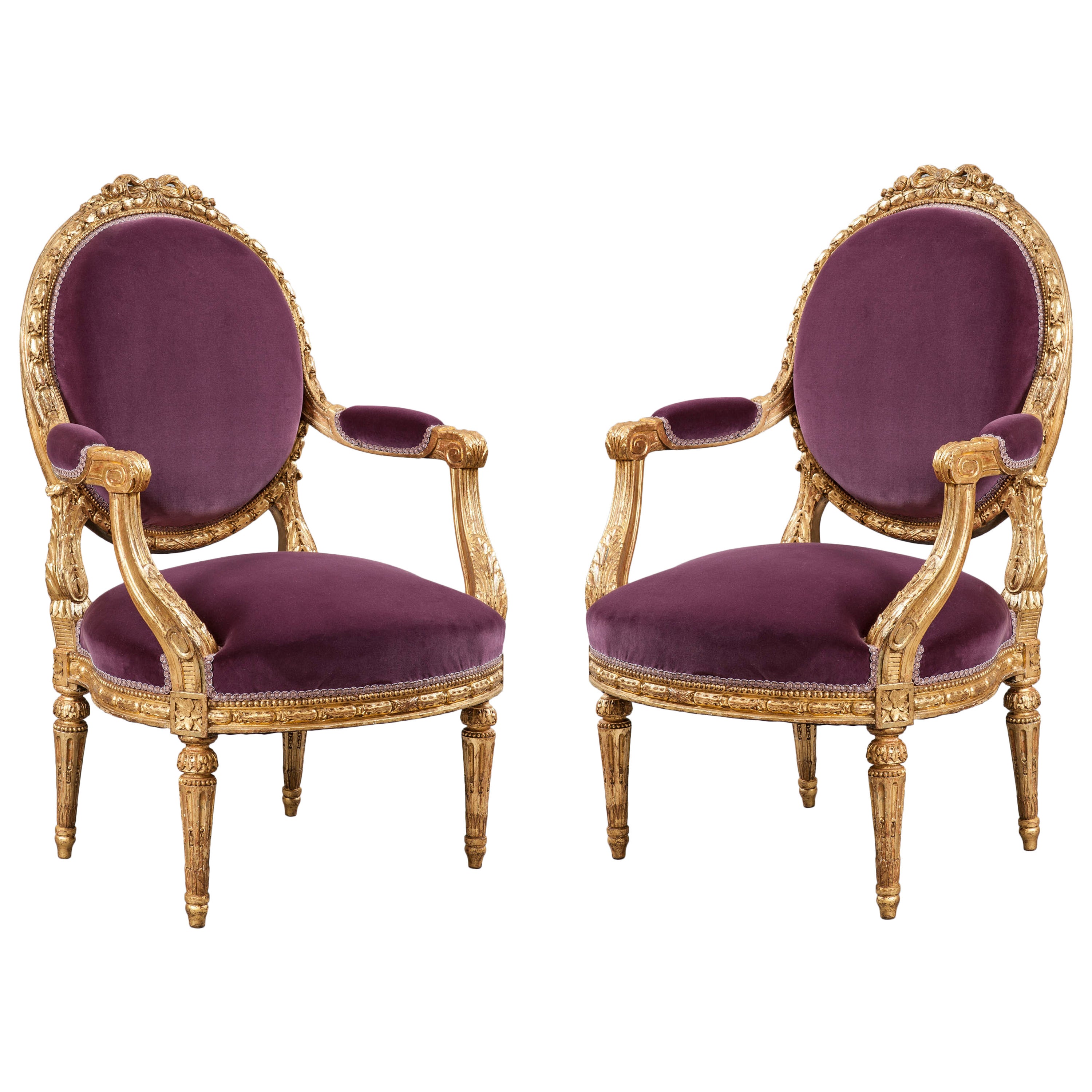 Pair of 19th Century French Giltwood and Purple Velvet Armchairs