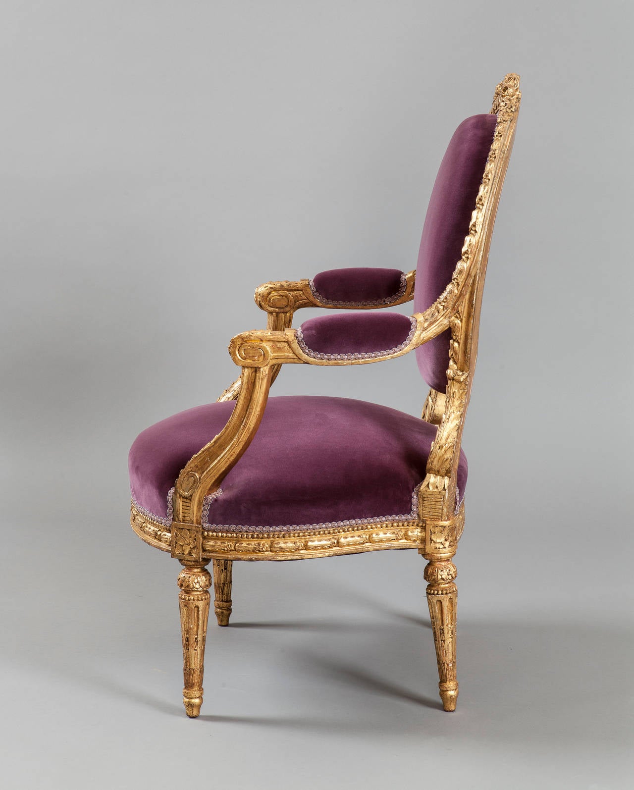 Louis XVI Pair of 19th Century French Giltwood and Purple Velvet Armchairs