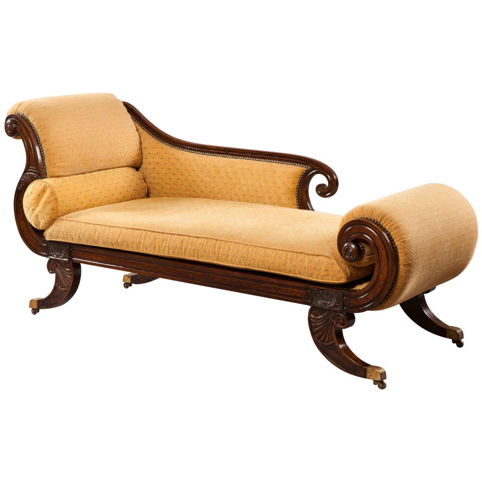 Regency Period Carved and Yellow Upholstered Chaise Longue For Sale