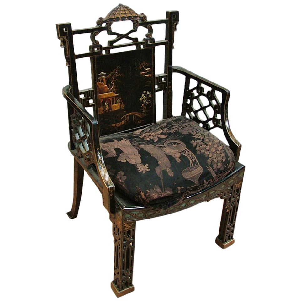 English Black Lacquer Pagoda Armchair in the Chinese Chippendale Style
