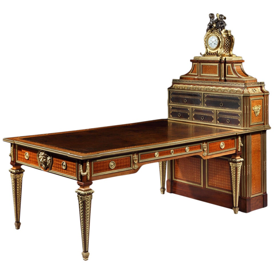 Antique French Parquetry and Bronze Cartonnier Writing Desk with Clock For Sale