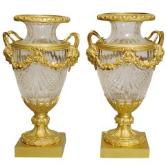 Pair of French Crystal and Gilt Bronze Mantle Urns in the Louis XVI Manner