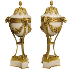 Pair of 19th Century French White Marble and Gilt Bronze Urns 5