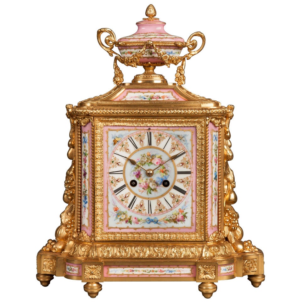 French Pink Porcelain and Ormolu Mantel Clock, 19th Century 
