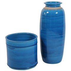 Pair of glazed turquoise ceramics