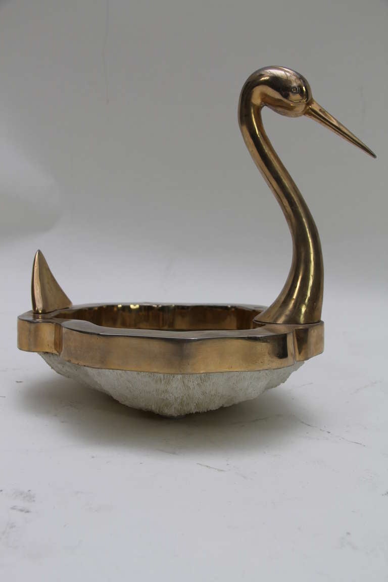 Mounted Coral Bowl on Brass Bird Shape