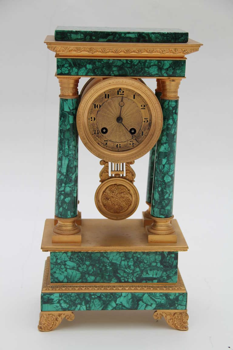 Malachite stone and gilt bronze Empire period and style clock