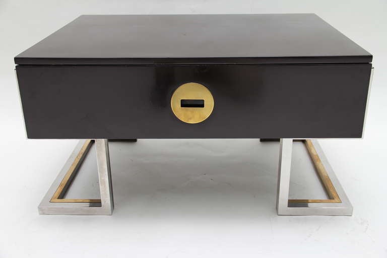 Dark chocolate lacquer and brass side table by Romeo Rega