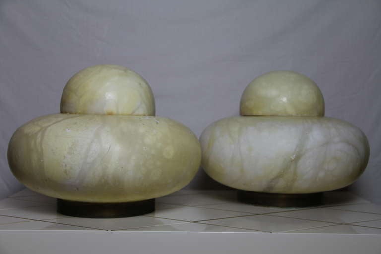 A pair of urn shape Art Deco white alabaster table lamps