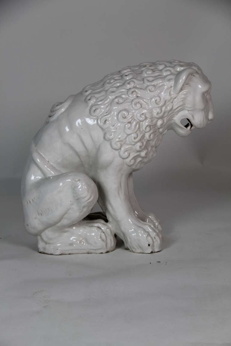 Spanish White Glazed Ceramic Lion For Sale