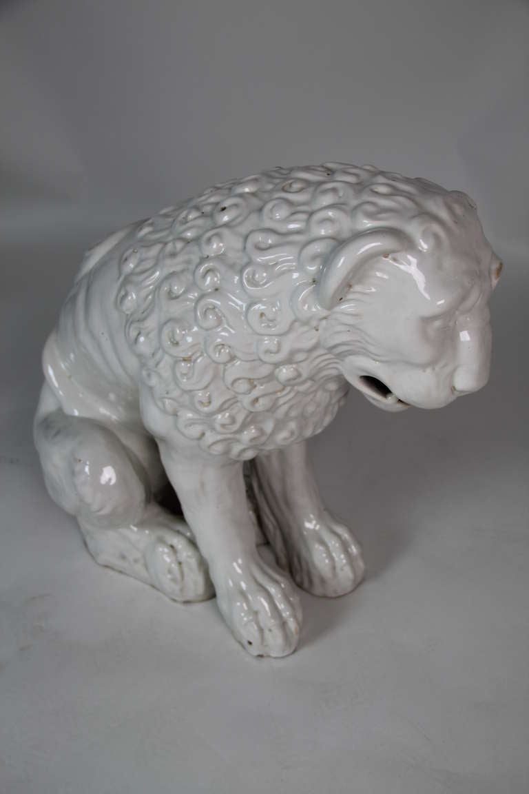 19th Century White Glazed Ceramic Lion For Sale