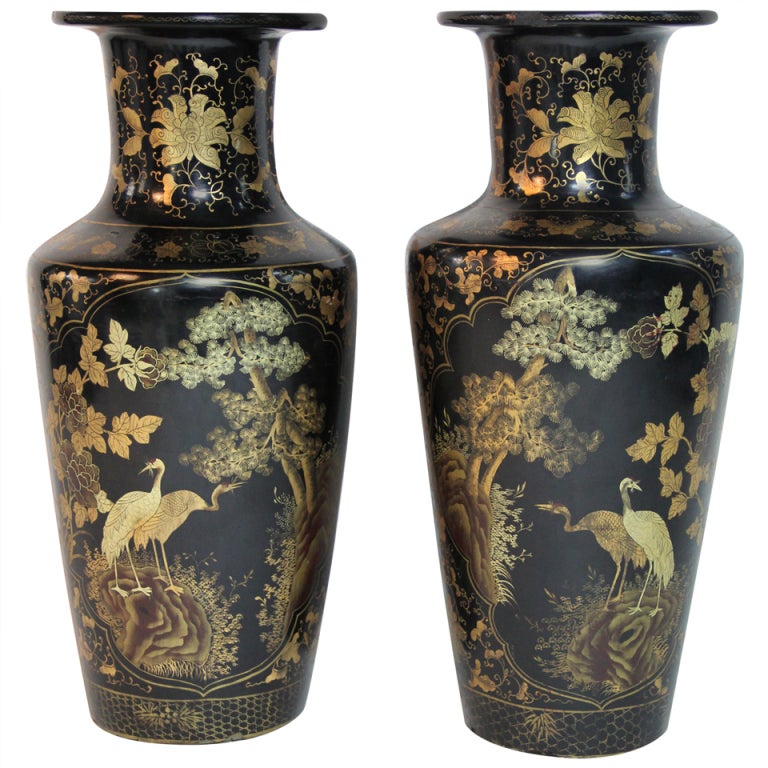 Chinese Black Lacquer & Gold Decoration Papier-Mâché Vases For Sale