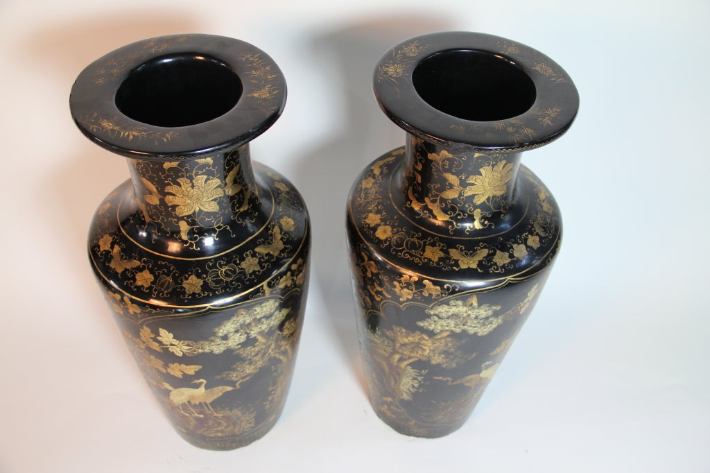 A pair of Chinese black lacquer & gold decoration papier-mâché big size vases.