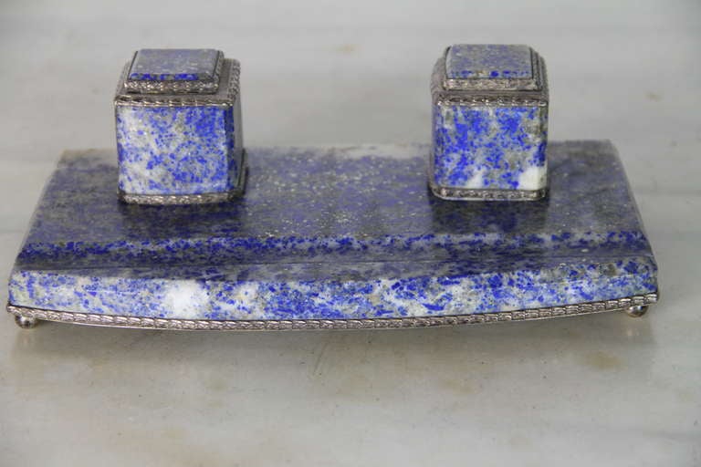 Italian Lapis Lazuli and Silver Inkwell For Sale