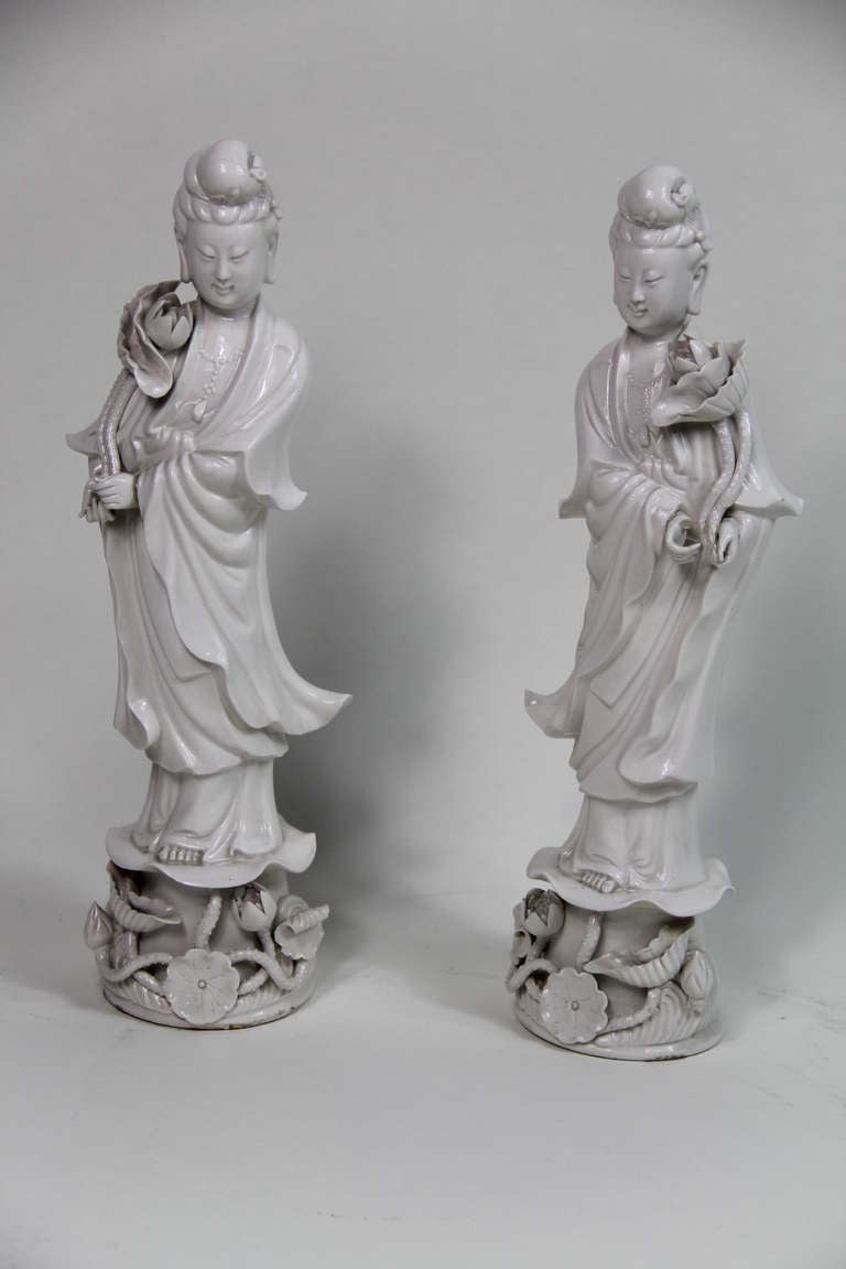 A pair of Blanc de Chine porcelain Guanyin figures.