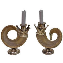 Silver mounted horns candlesticks