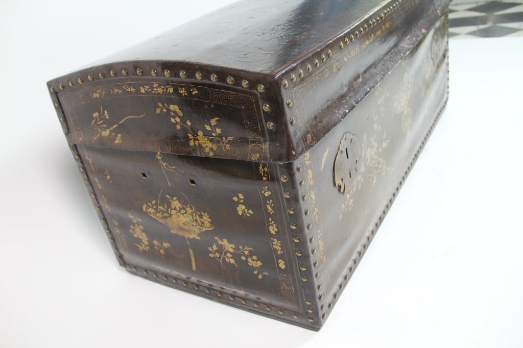 Gold and black lacquered China trade trunk