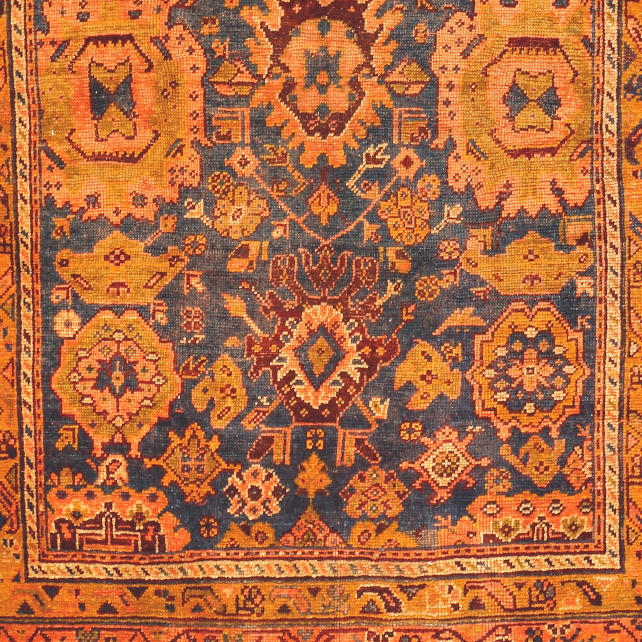 A refined Oushak carpet distinguished by an all-over pattern of large-scale palmettes of the 'Harshang' type, derived from 17th and 18th century Safavid Persian rugs, set against a light blue background. Oushaks were very much in demand in Europe