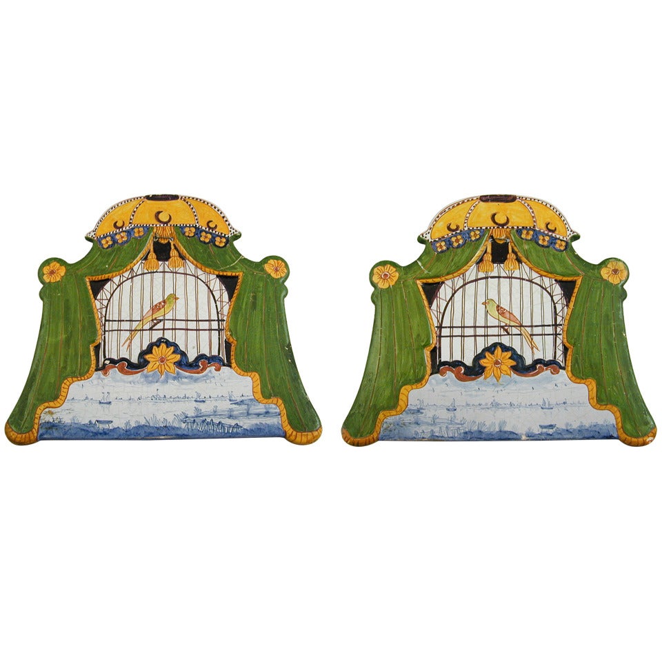 Pair of Early 19th Century Dutch Delft Birdcage Plaques For Sale