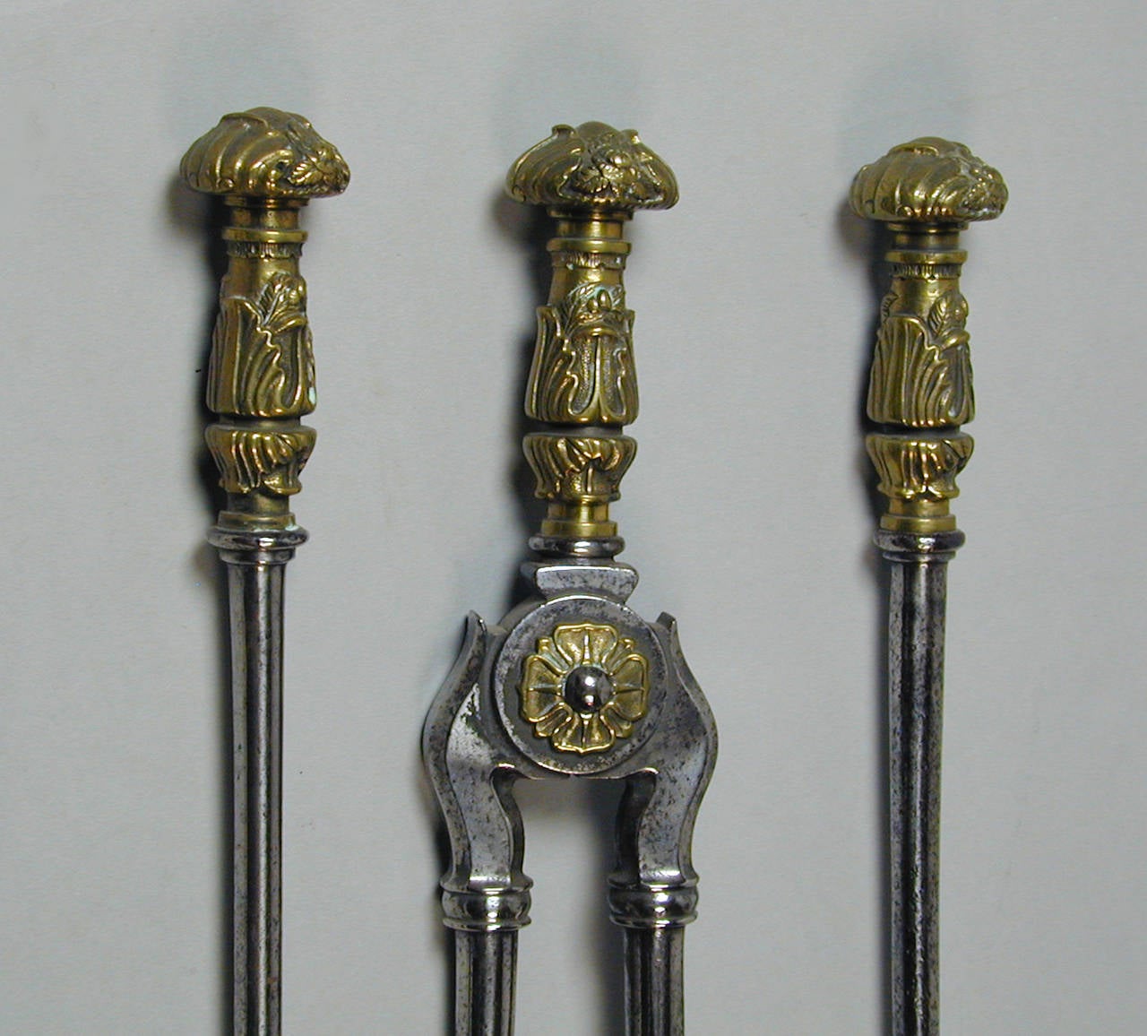 English Set of Three Regency Brass and Steel Fire Irons