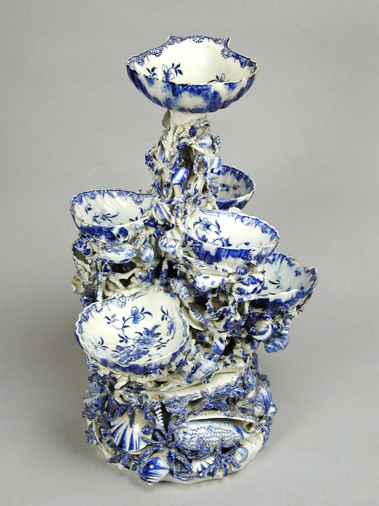 Rare Early Derby Blue and White Shell Sweetmeat Dish on Original Stand