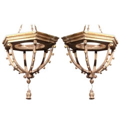 Antique Two Demilune Wood Lanterns 18th Century Italy