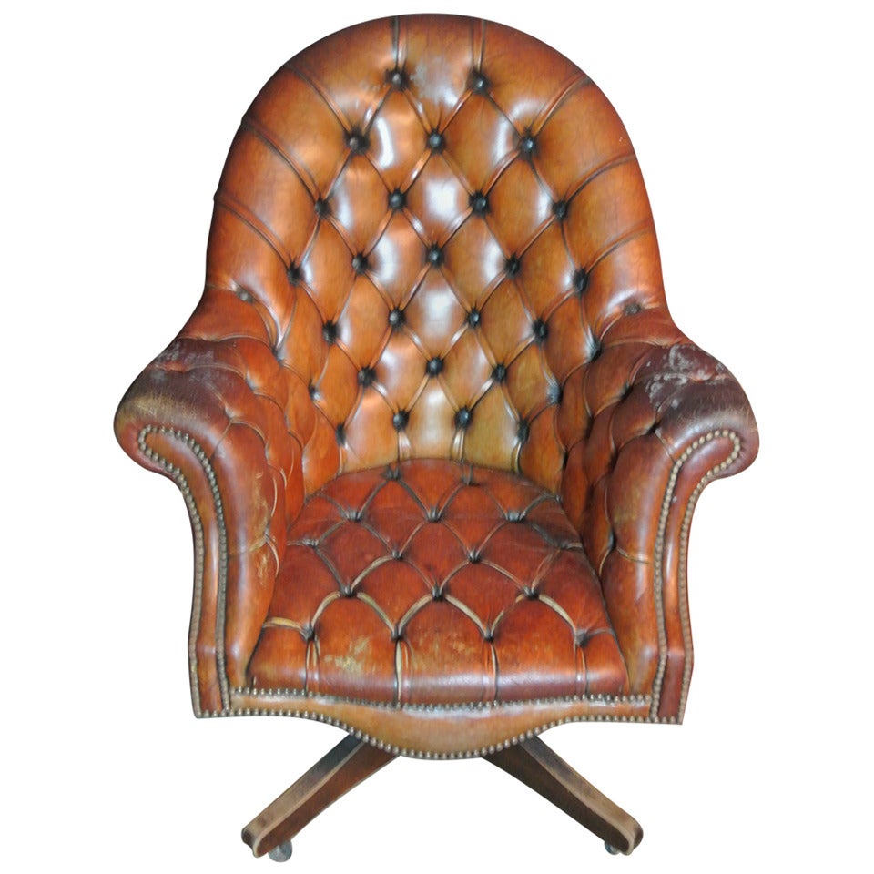 Tufted Leather English Swivel Chair SATURDAY SALE For Sale