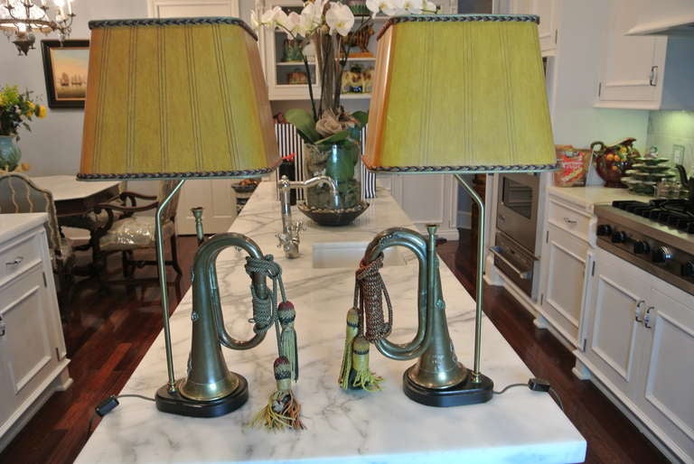 Pair of Antique Bugles Mounted as Lamps SATURDAY SALE