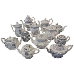 Collection of Blue Transfer Ware Teapots and Coffee Pots (12)