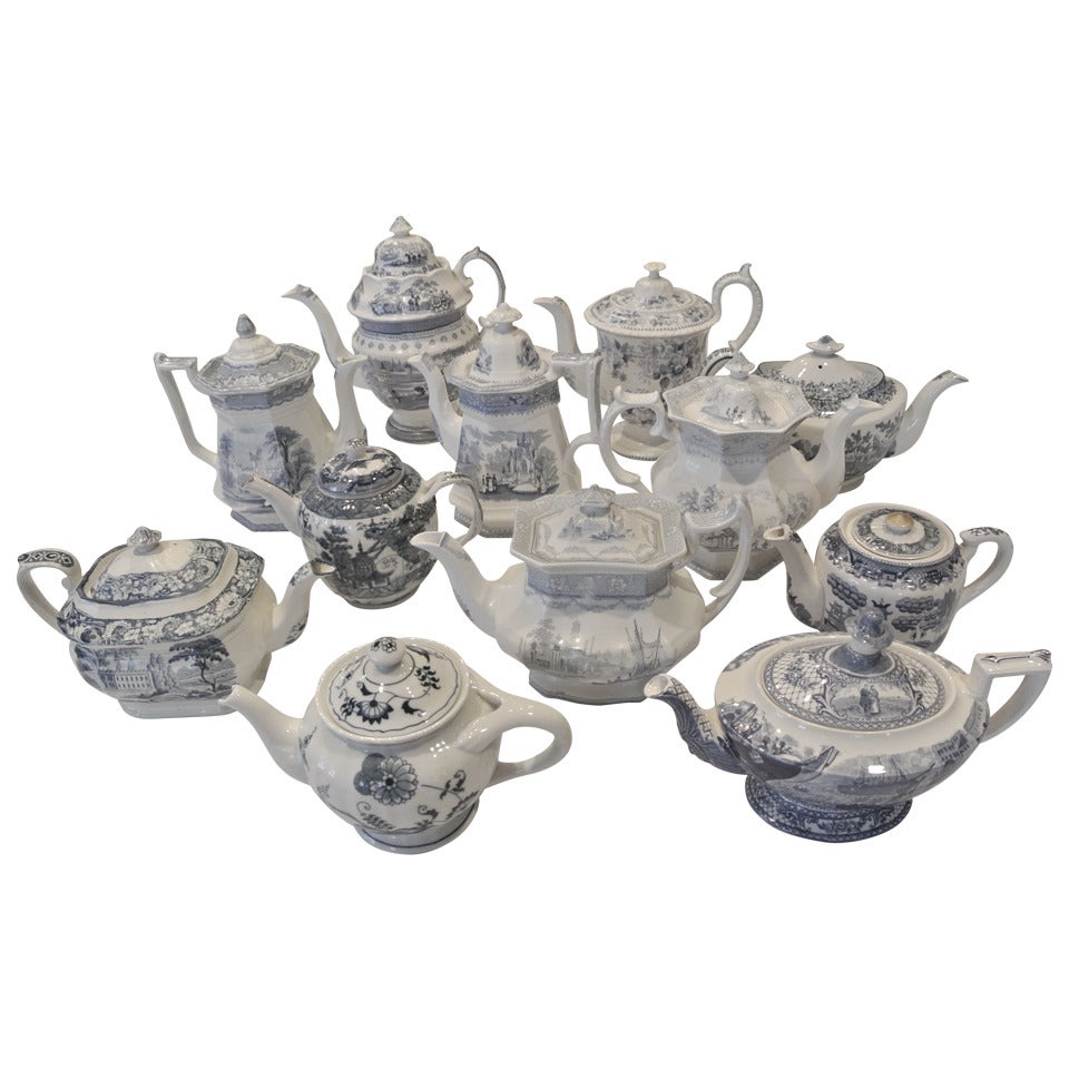 Collection of Blue Transfer Ware Teapots and Coffee Pots (12) For Sale