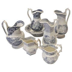 Antique Collection of English Blue and White Transfer Printed Pitchers
