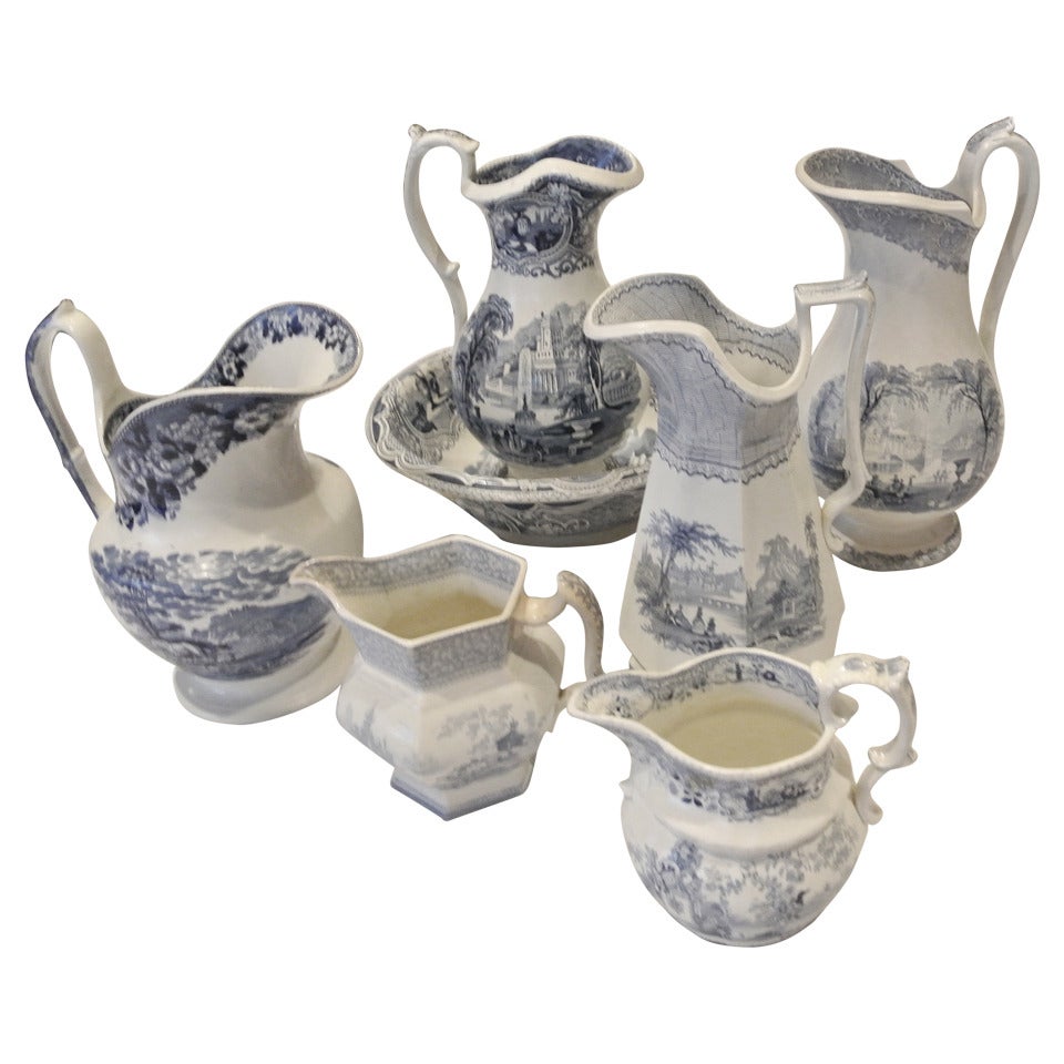 Collection of English Blue and White Transfer Printed Pitchers For Sale
