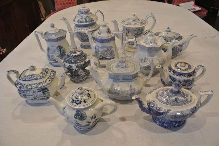 Collection of English blue transfer printed teapots and coffee pots. All have their original lids and are ready to use or display.