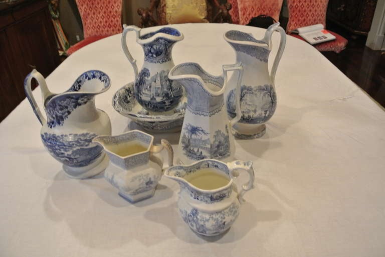Collection of English Blue and White Transfer Printed Pitchers