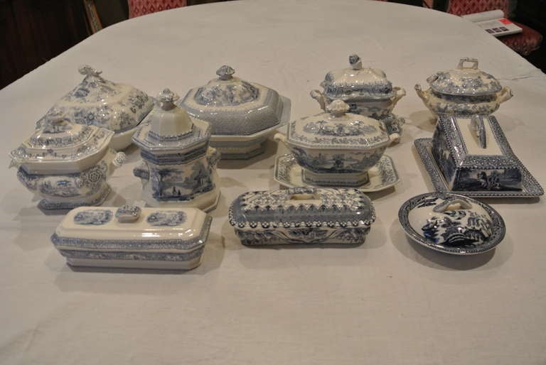 Collection of English transfer printed covered tureens and boxes.