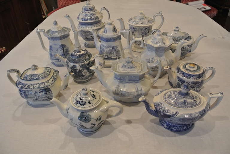 Victorian Collection of Blue Transfer Ware Teapots and Coffee Pots (12) For Sale