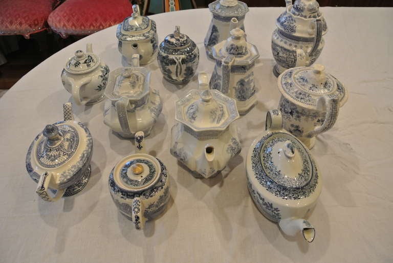 English Collection of Blue Transfer Ware Teapots and Coffee Pots (12) For Sale