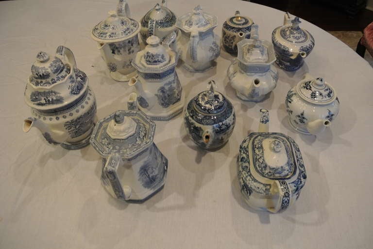 Collection of Blue Transfer Ware Teapots and Coffee Pots (12) In Good Condition For Sale In West Palm beach, FL