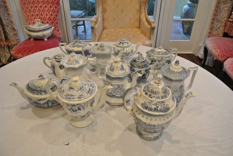 19th Century Collection of Blue Transfer Ware Teapots and Coffee Pots (12) For Sale