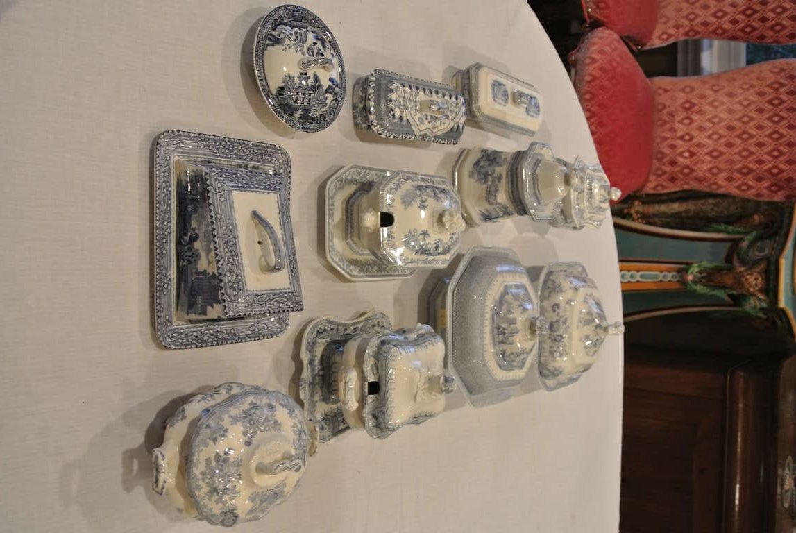 Victorian Collection of English Blue and White Transfer Printed Covered Boxes and Tureens For Sale