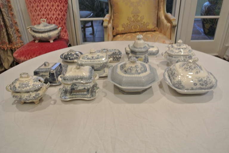 19th Century Collection of English Blue and White Transfer Printed Covered Boxes and Tureens For Sale