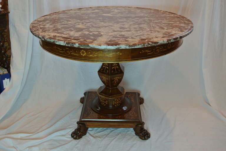 Louis Philippe Marquetry Inlaid Mahogany Marble Top Breakfast Table
