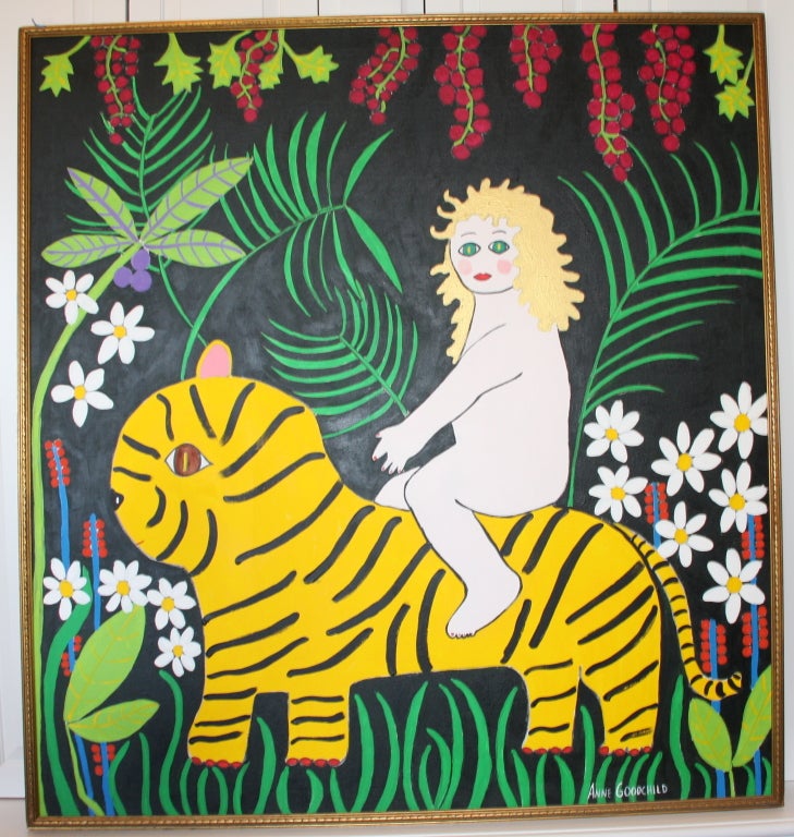 Nude on Tiger painting by famed American Folk Artist Annee Goodchild. Signed not dated. Large paintings by Goodchild are very rare to the market. Her popular images are often seen on stationary, plates and other items.
See separate listing for Adam