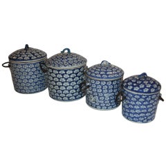 Antique Four Blue and White Floral Pottery Canisters