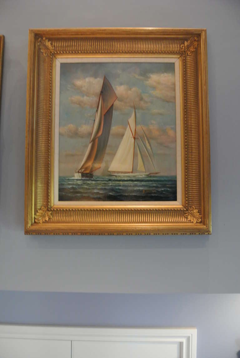Vintage nautical oil on canvas with a strong and elegant composition.  Painting in older custom gilt frame with natural canvas mat. Signed D. Tayler, lower right.